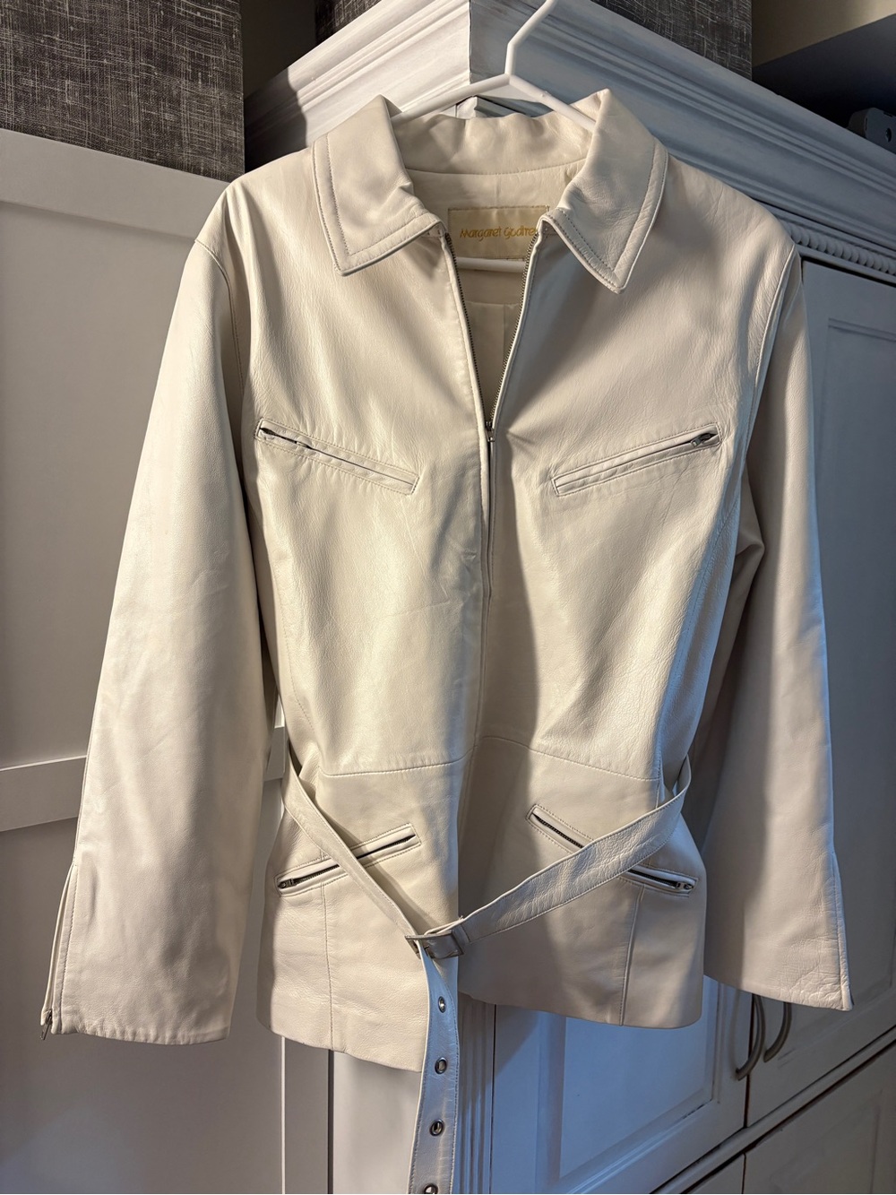 Women’s Cream Leather Zip-Front Jacket with Belt motorcycle jacket style